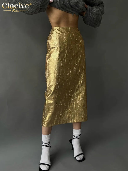 Clacive Fashion Slim Gold Women'S Skirt Elegant Chic High Waist Midi Skirts Str image 0