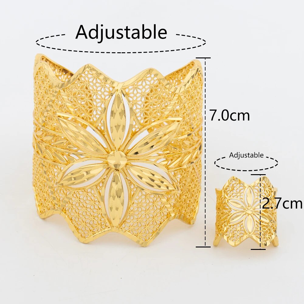 Dubai Cuff Bangle with Ring For Women 18k Gold Plated Copper Bracelet Jewelry N image 7