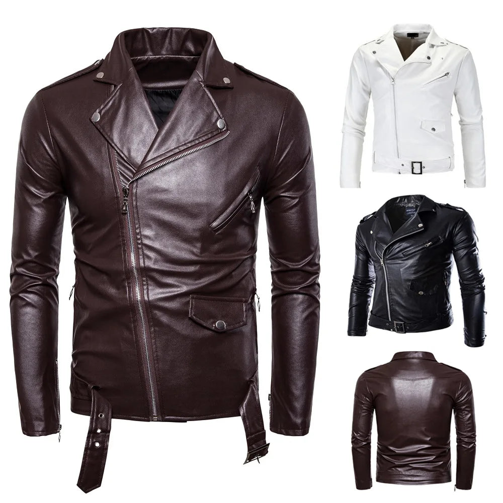 Mens Leather Jackets New White Black Casual Lapel Slim Fit Diagonal Zipper Moto image 2