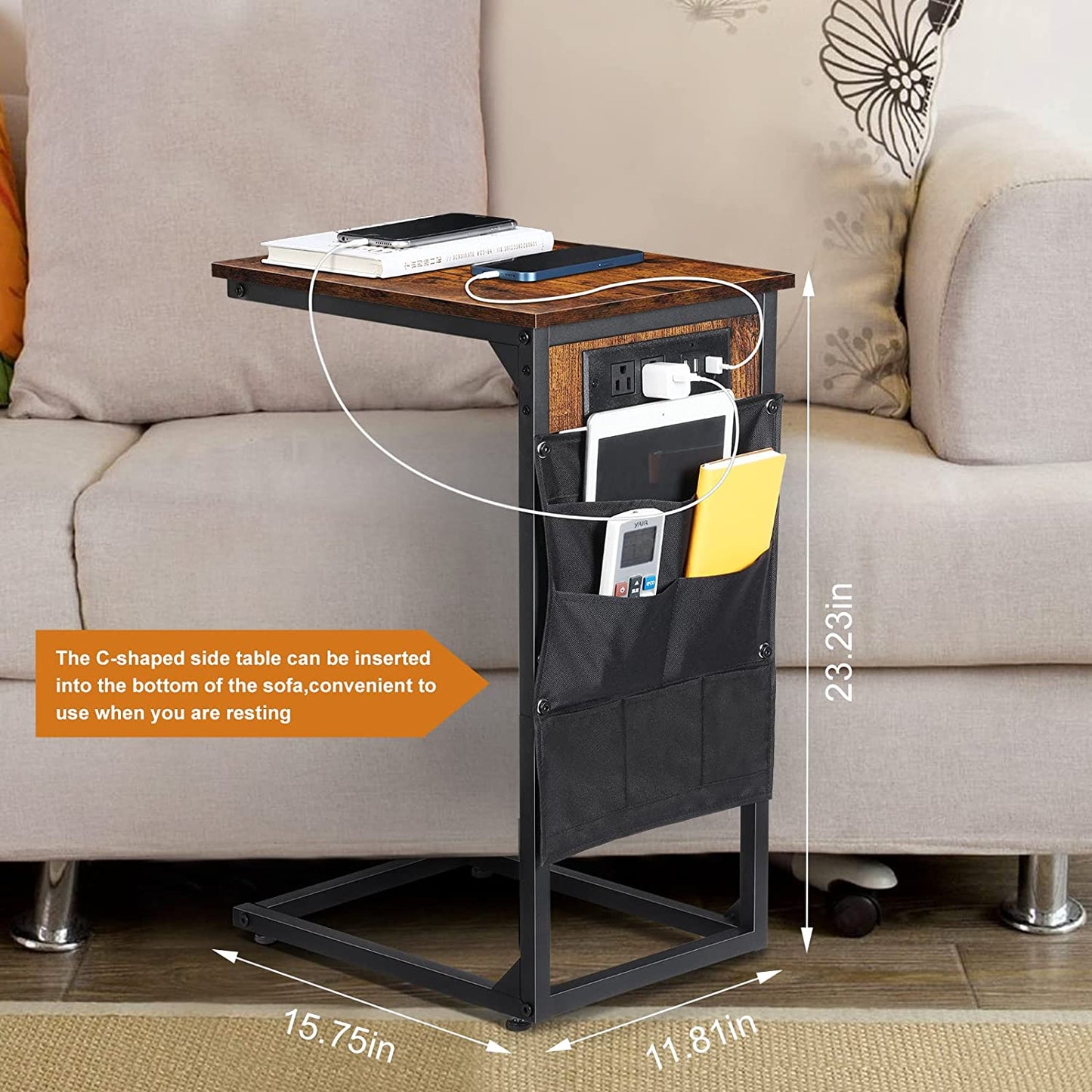 Set of 2 C-shaped Side Table with USB Ports and Outlets Couch Tables for Bedroo image 3