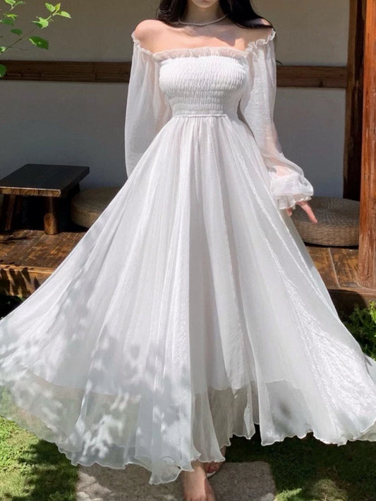 Horetong Elegant Maxi Dresses For Women White Off Shoulder Puff Long Sleeve Ela image 0