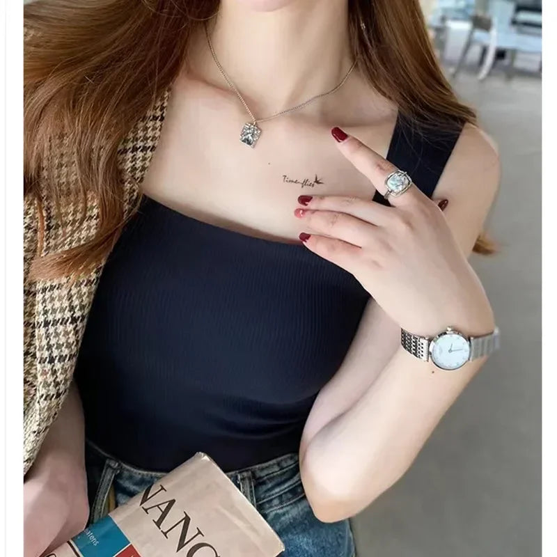 New Wide Shoulder Camisole Square Neck Beautiful Back Threaded Vest Women's Sea image 7