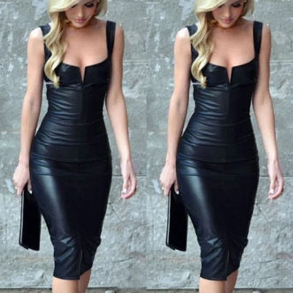 Leather Dress Off The Shoulder  Fashion Women Bandage Bodycon Sleeveless Club E image 0