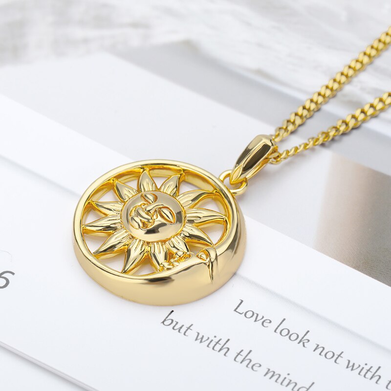 Sun and Moon Necklace For Women Round Gold Color Sun Necklace Stainless Steel B image 3