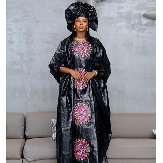 Black Shiny Bazin Riche Long Dresses For African Clothing Daily Party Boubou Ri image 0