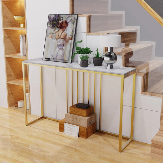 47.2" Extra Long Console Table Sintered Top Gold Metal Leg Sofa Table for Hallw image 0