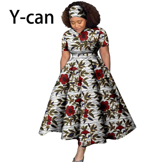 African Dresses for Women Dashiki Ladies Short Sleeves Outfits Wax Print Long S image 0