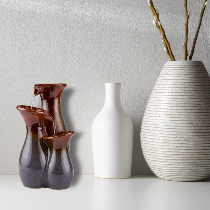 Indoor Tiered Glossy Ceramic Vase Tabletop Fountain, Brown/Gray image 1