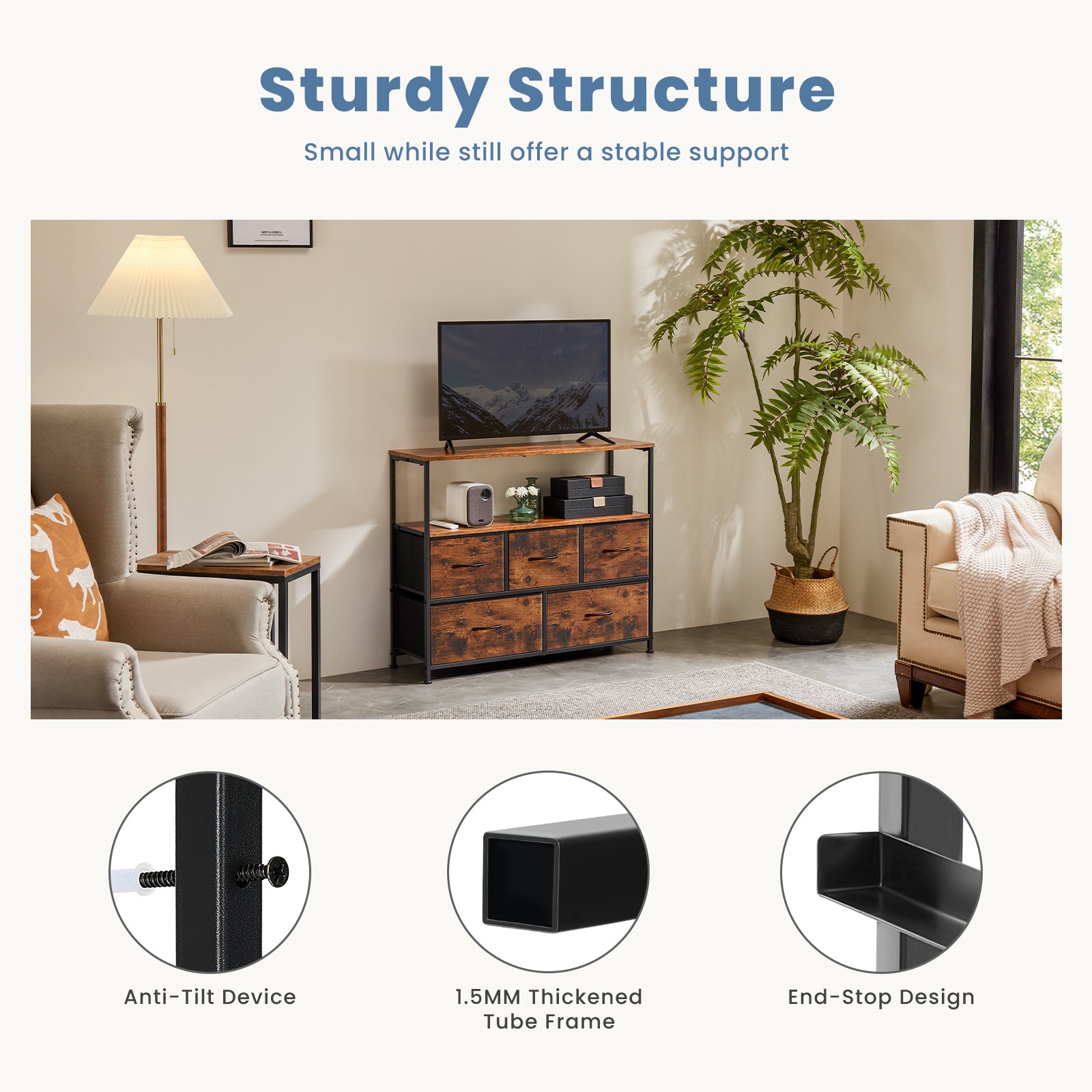 JHK TV Stand Dresser For Bedroom With 5 Fabric Drawers Storage Closet Chest Clo image 8