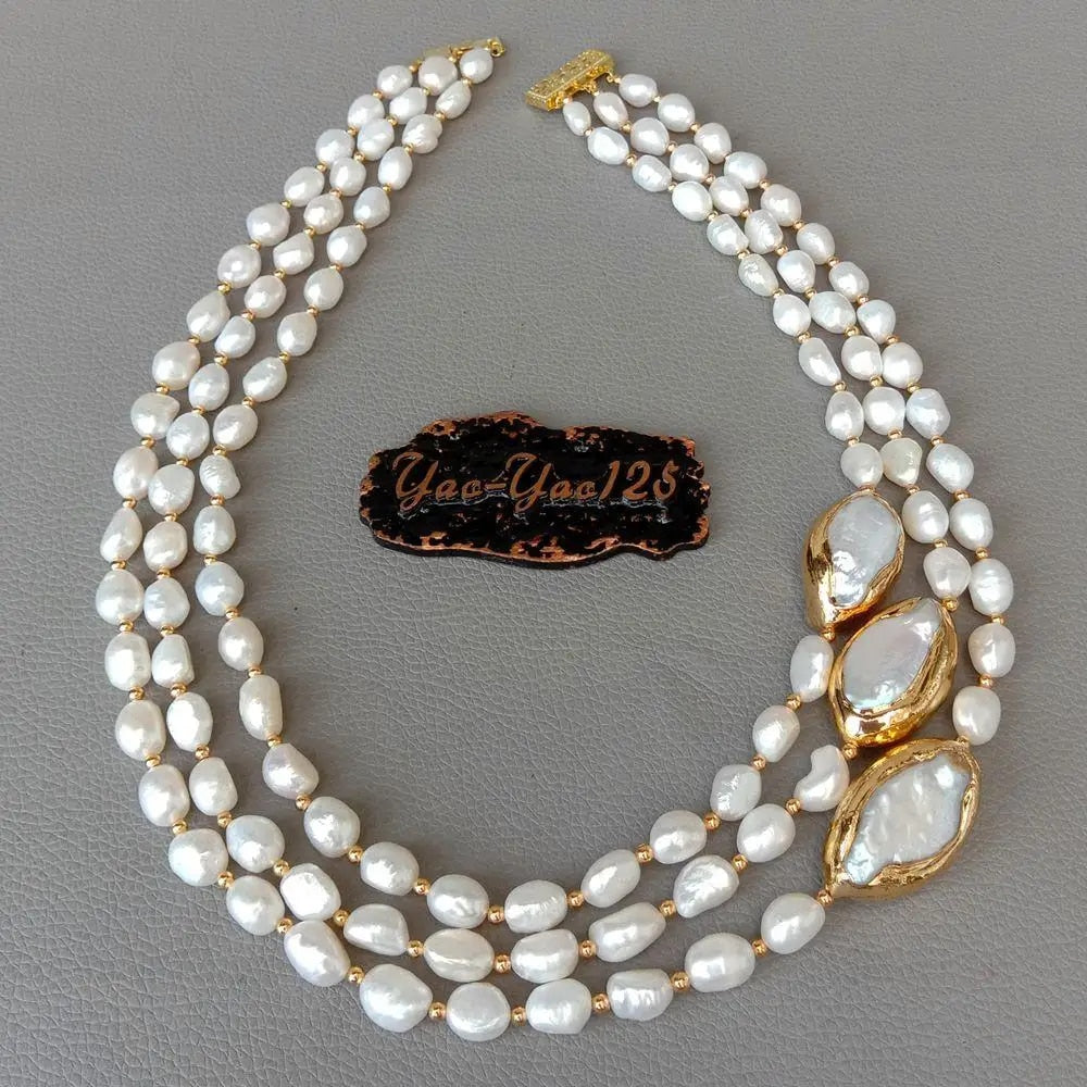 Y·YING 20" 3 rows Cultured Baroque Pearl Necklace Keshi Pearl Gold color Plated image 3