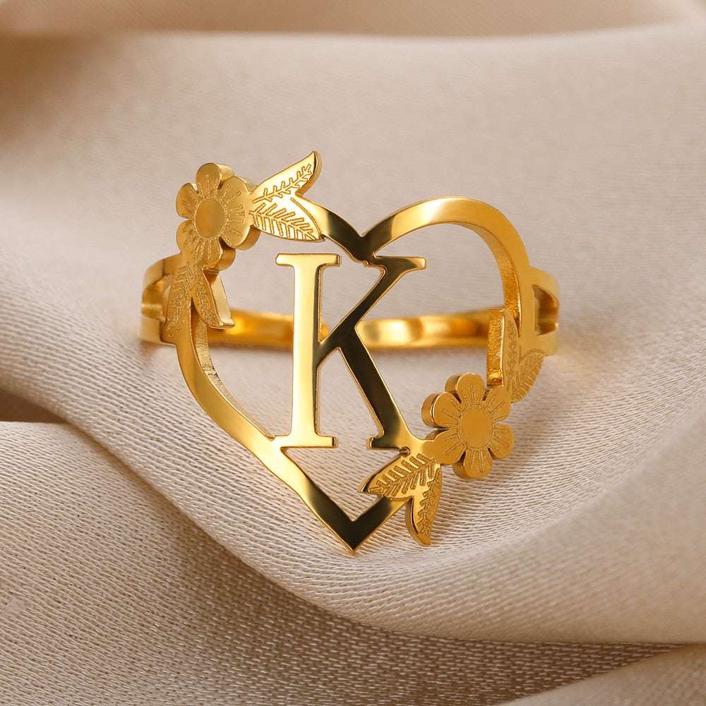 Stainless Steel Initials Flower Heart Rings Gold Color Adjustable Delicate Lett image 1