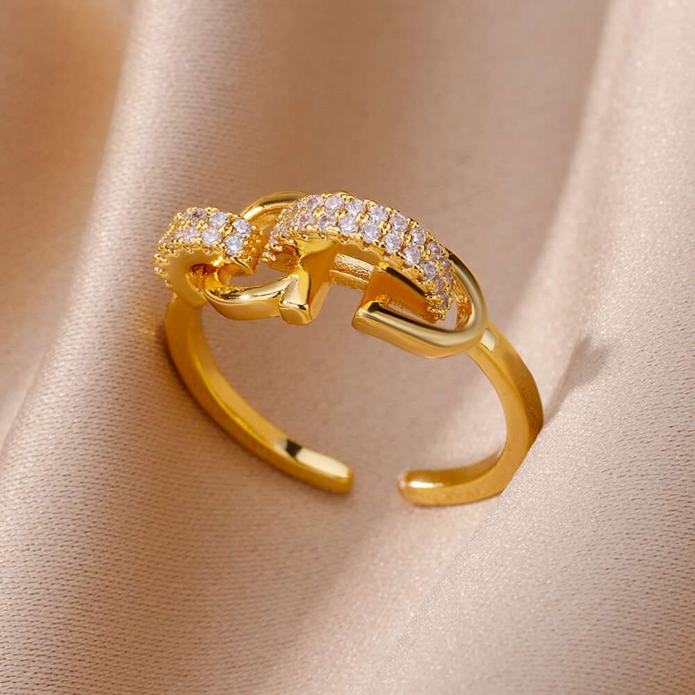 Fashion Gold Color Stainless Steel Rings For Women Chain Hollow Out Crystal Zir image 13