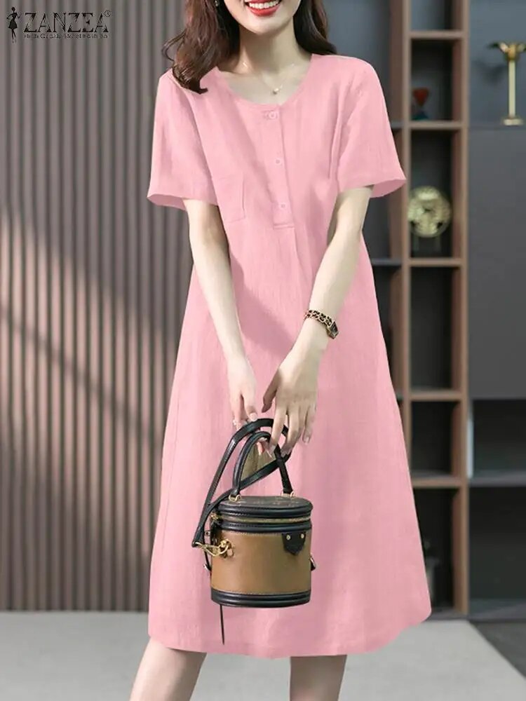 ZANZEA Women Solid Dress 2024 Summer Short Sleeve Long Robe Holiday Casual Loos image 2
