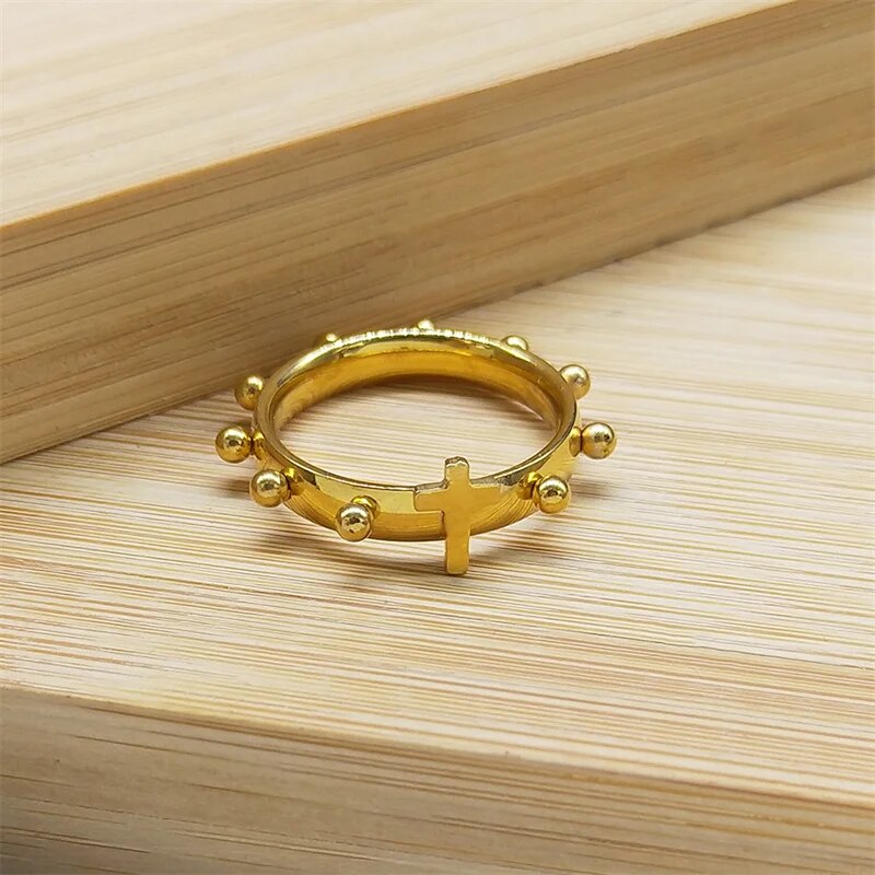 Christian Christ Jesus Cross Ring Stainless Steel Gold Color Lord Prayer Cathol image 2