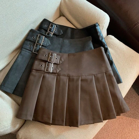 MEXZT Y2K Pu Leather Mini Skirts Women Streetwear High Waist Pleated Skirt Vint image 0