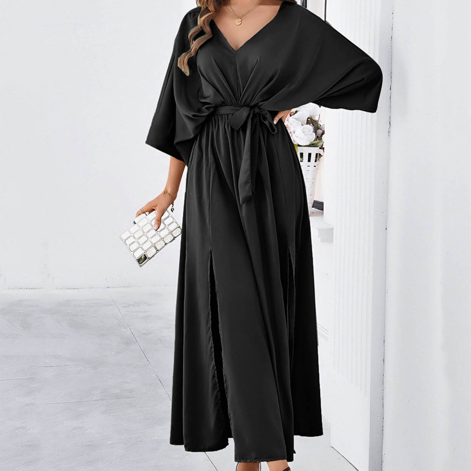 Temperament Women's Solid Color Slim Long Dress V Neck Half Sleeve Split Dresse image 2