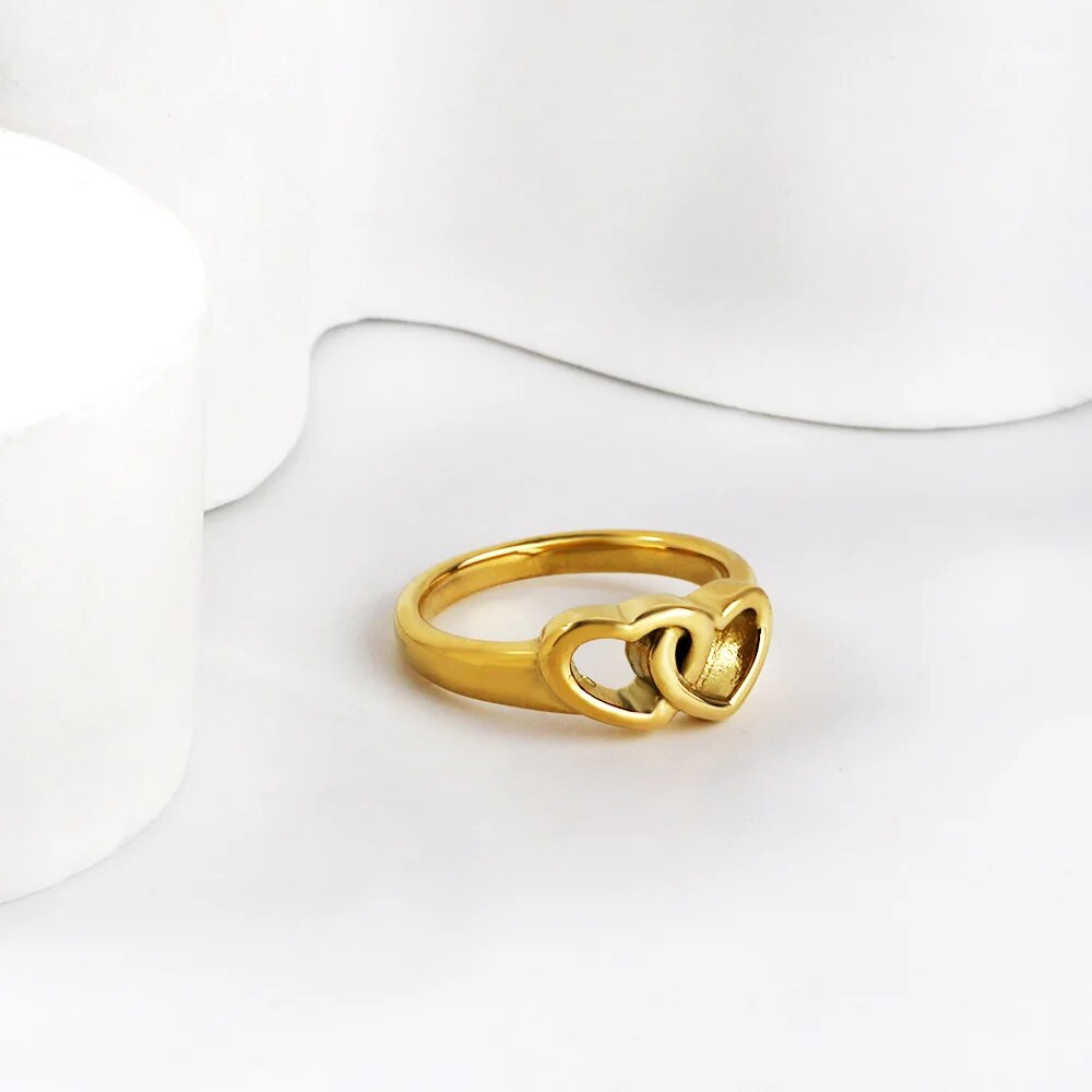 LUXUSTEEL Romantic Double Hollow Heart Rings for Women Stainless Steel Golden M image 17