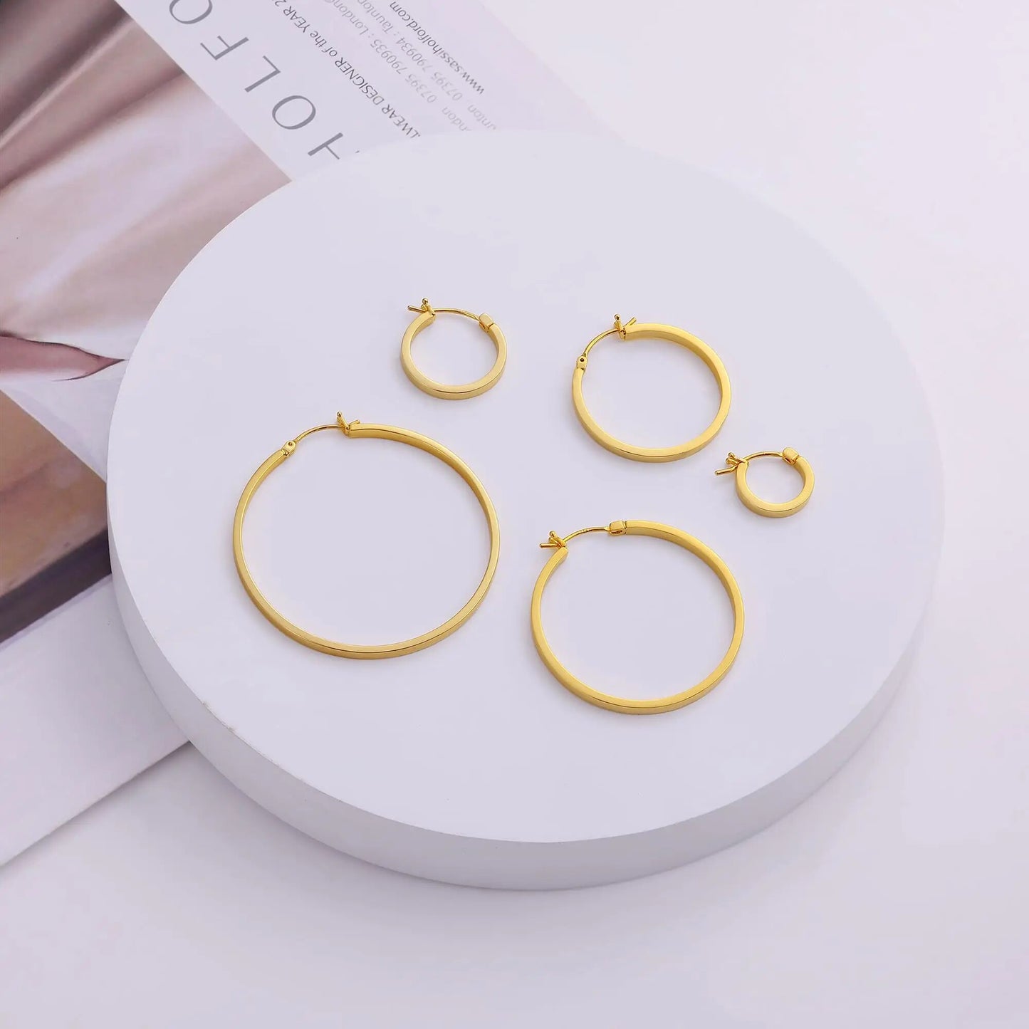 Vonmoos Lady High Quality Flatted Gold Hoop Earrings 14K Real Gold Plated Desig image 6