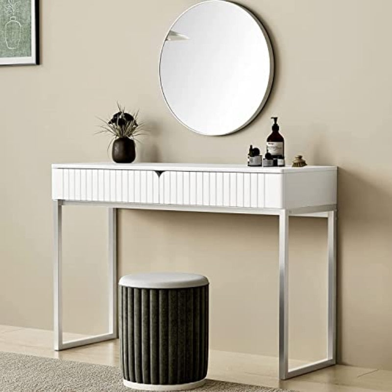White Vanity Desk with 2 Drawers, Gold and White Desk,Home Office Desk Modern M image 2