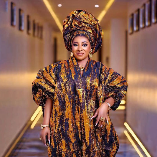 African American mother expensive custom hot gold jacquard fabric loose dress image 0