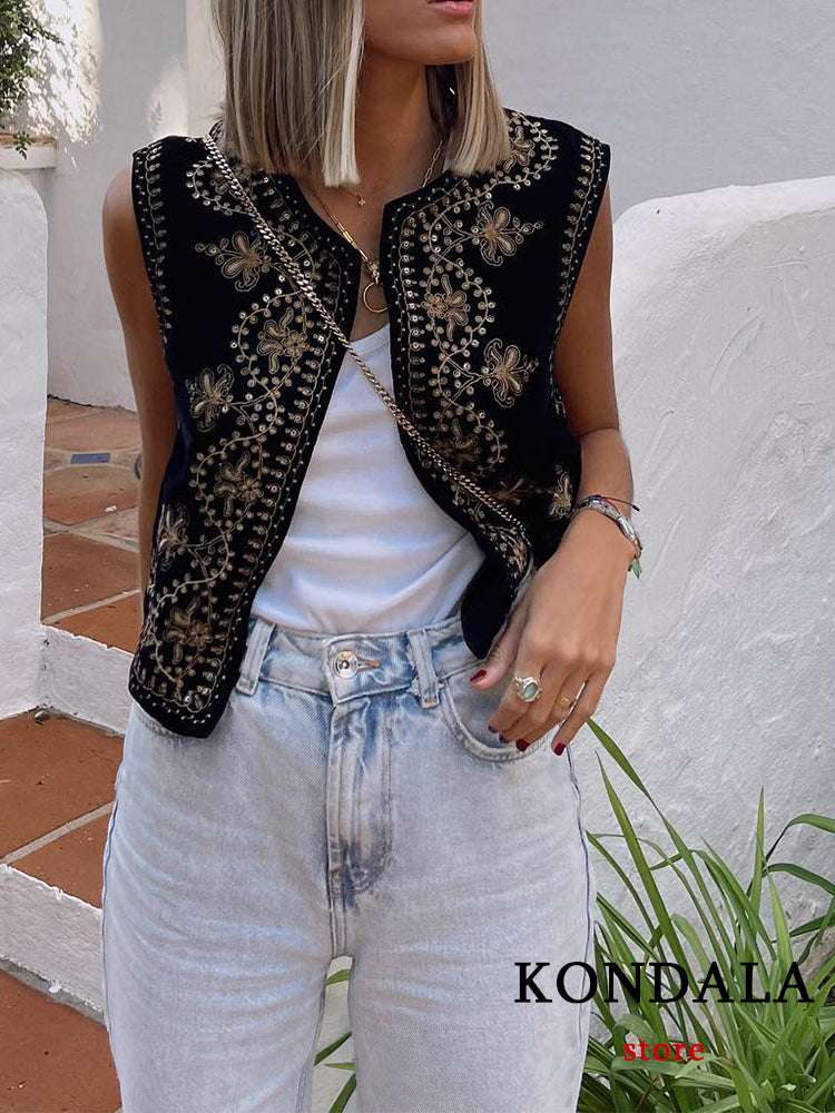 KONDALA Vintage Autumn Velvet Embroidery Vest Jackets Women V Neck Sleeveless B image 1