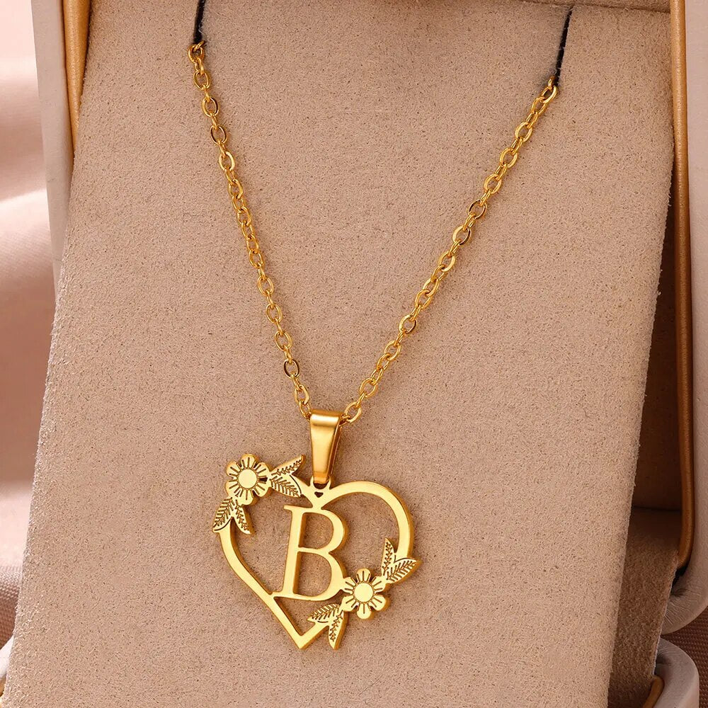 Gold Color Dainty Flower Initials Necklace Women Girl Stainless Steel Heart Let image 1