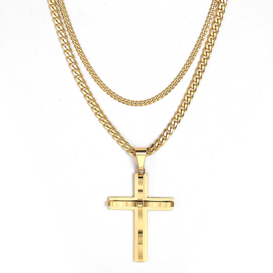 Punk Miami 2Pcs/Set Gold Color Big Cross Pendant Necklace for Men Women Stainle image 0