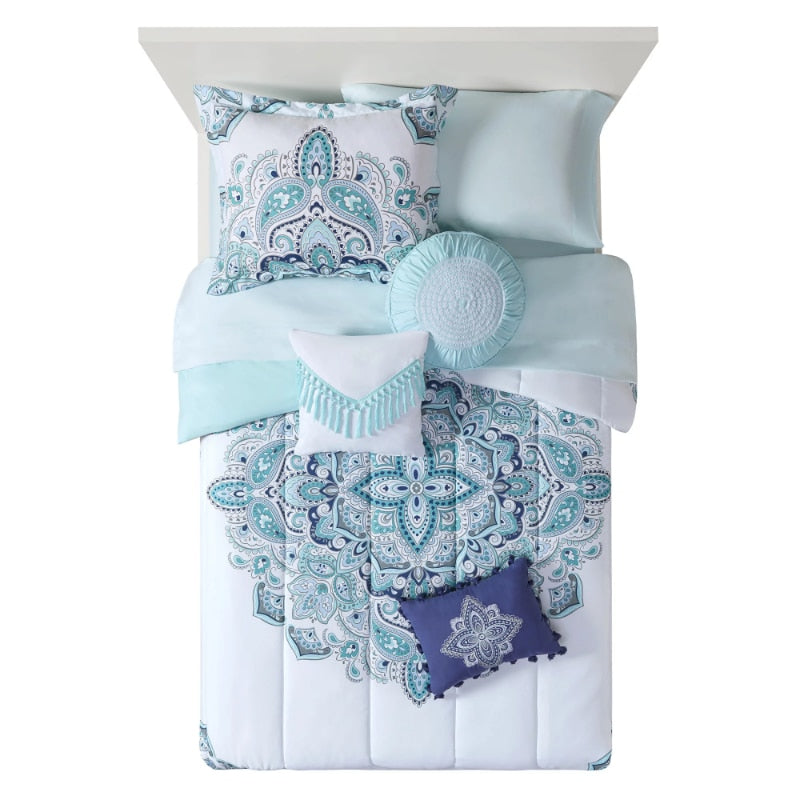 Mainstays Teal Medallion 10 Piece Bed in a Bag Comforter Bedding Set with Sheets image 5