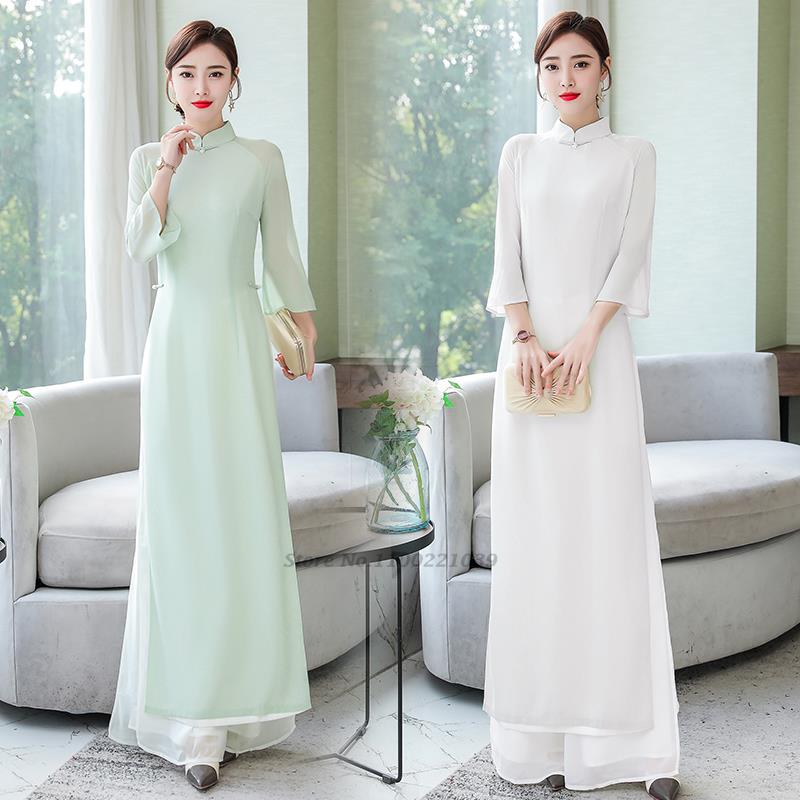 2024 vietnam aodai chinese traditional cheongsam dress+pants set national ao da image 1