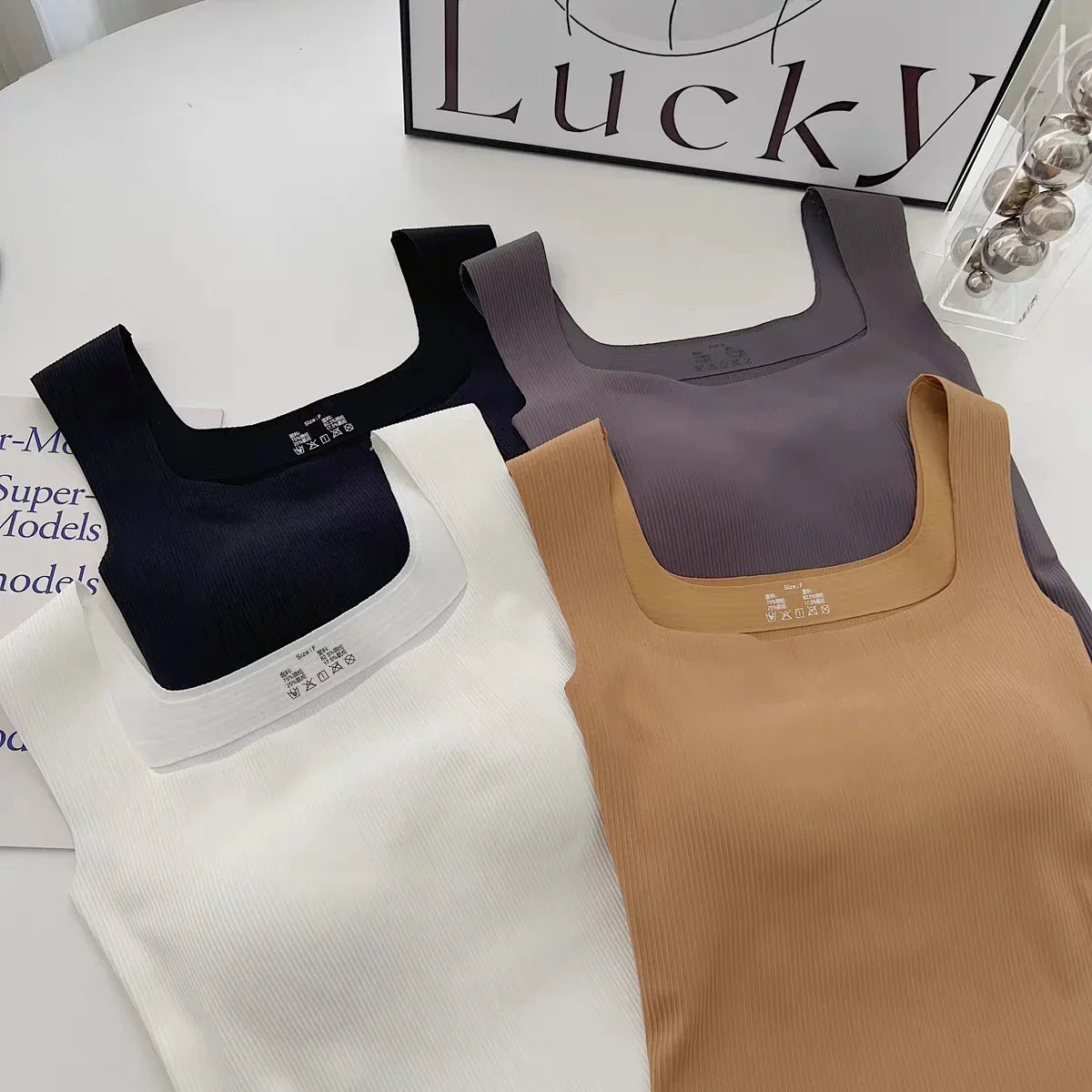 New Wide Shoulder Camisole Square Neck Beautiful Back Threaded Vest Women's Sea image 8