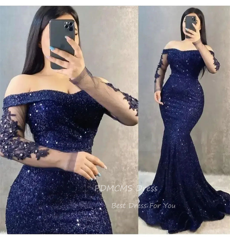 Sexy Sequin Mermaid Evening Dresses Backless Prom Dress Long Sleeves Plus Party image 0