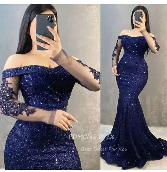 Sexy Sequin Mermaid Evening Dresses Backless Prom Dress Long Sleeves Plus Party image 0