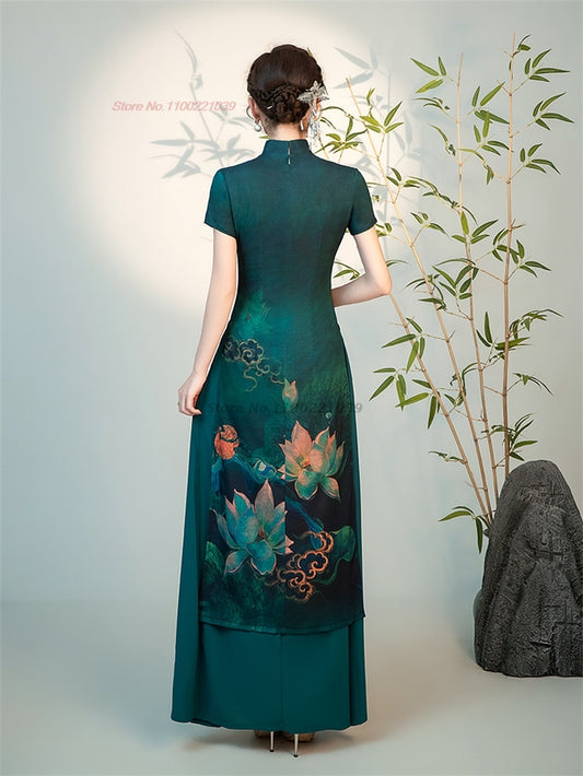 2024 vietnam traditional ao dai dress national flower print improved cheongsam  image 0