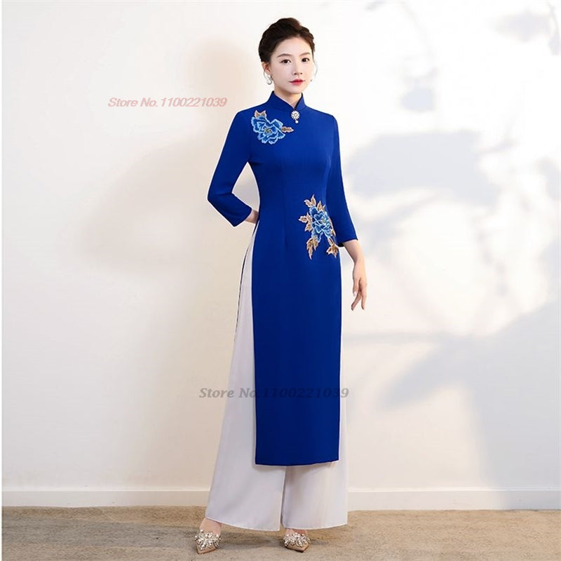 2024 vietnam vintage dress national flower embroidery oriental qipao dress+pant image 5