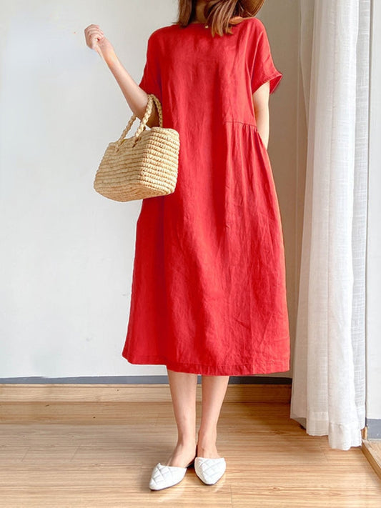 Summer Women Dress Casual Loose Short Sleeve A-LINE Oversize Solid Midi Dress C image 0