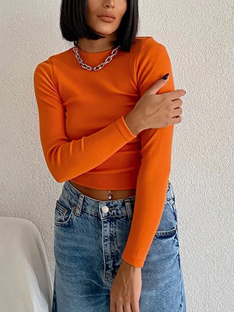 Ribbed Neck T Shirt Green Women Spring Ladies Clothes Solid Slim Mesh Cute Crop image 2