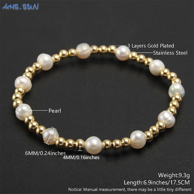 MHS.SUN Elegant Natural Pearl Gold Plated Stainless Steel Beaded Bracelet Handm image 3