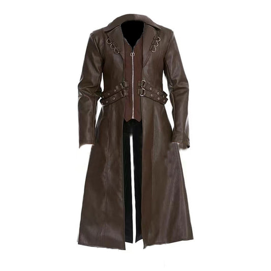Men Steampunk Faux Leather Vintage Jacket Medieval Trench Coat Long Outwear Win image 0