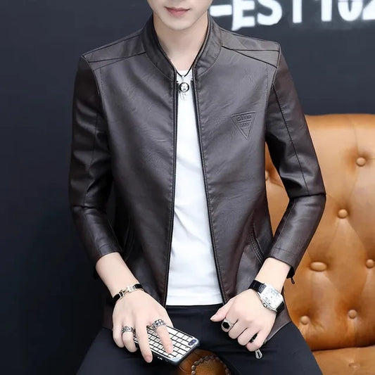 Mens Biker Leather Jacket 2023 Autumn  Men's Fashion Trend Decorative Motorcycl image 0