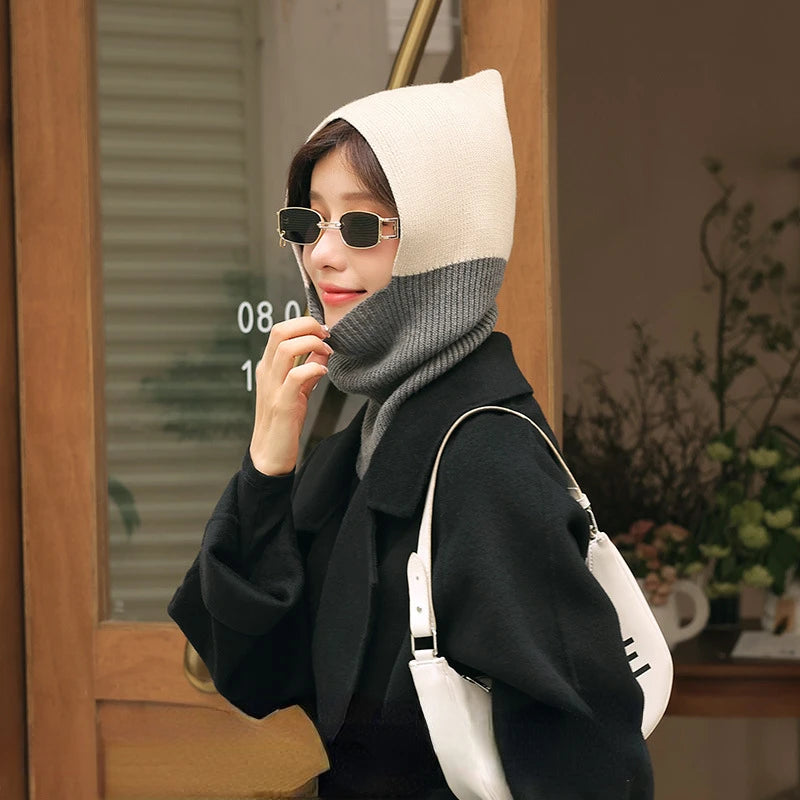 Winter Women Men's Knitted Cotton Hat Scarf Color Matching Two-color Balaclava  image 3