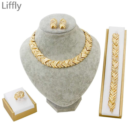 Women Jewelry Sets Bridal Dubai Gold Color Crystal Necklace Bracelet Nigerian W image 0