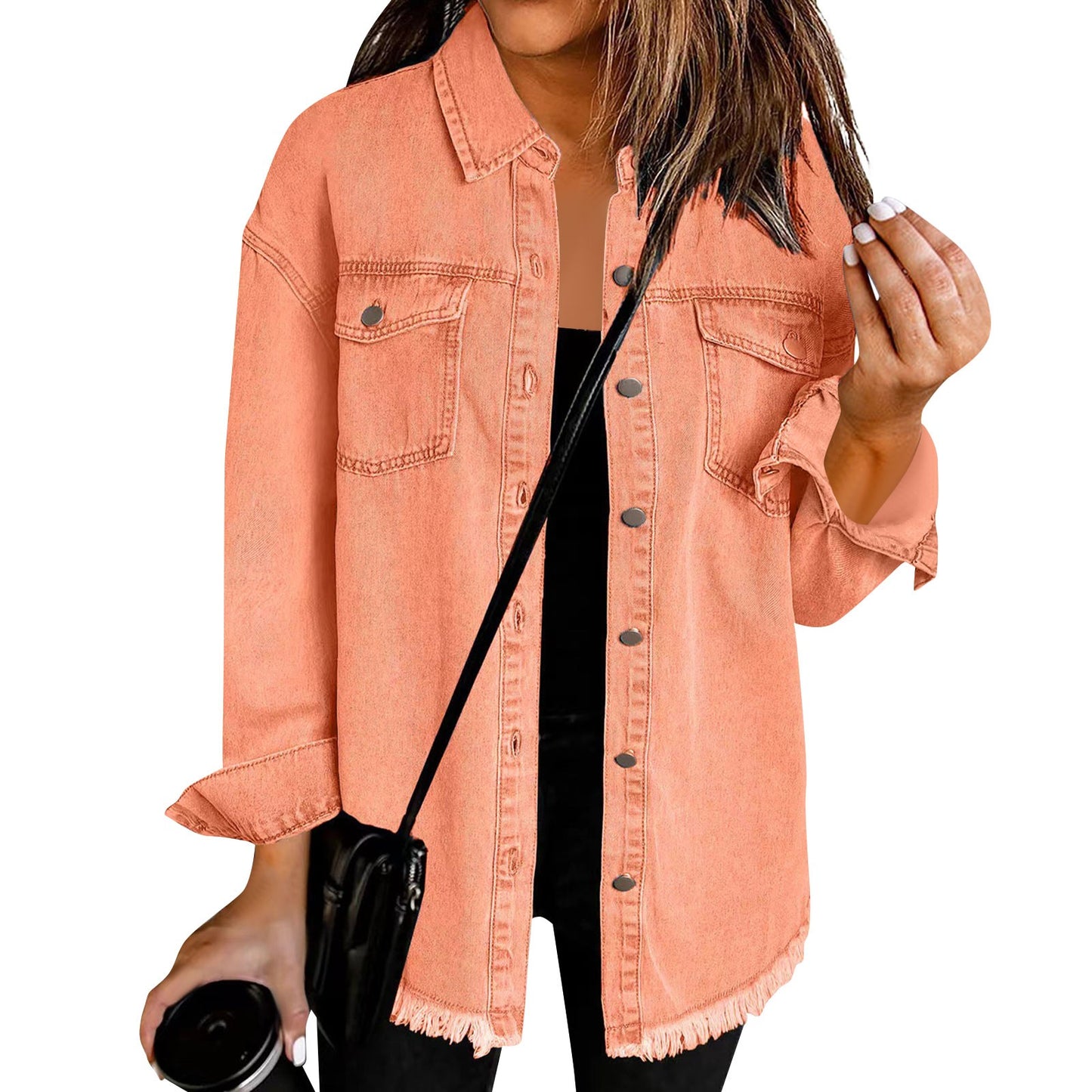 Women'S Fashion Denim Shirt Jacket Milled Hem Button Casual Long Sleeve Jacket  image 10