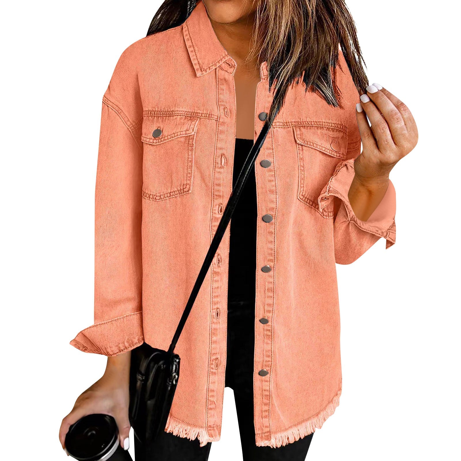 Women'S Fashion Denim Shirt Jacket Milled Hem Button Casual Long Sleeve Jacket  image 10