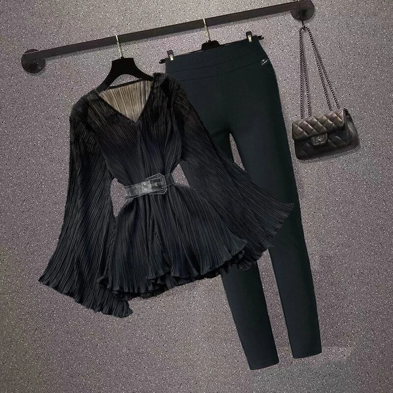 Autumn Winter Elegant OL Flared Sleeve Loose Fashion V-neck Blouse 2023 Top + B image 0