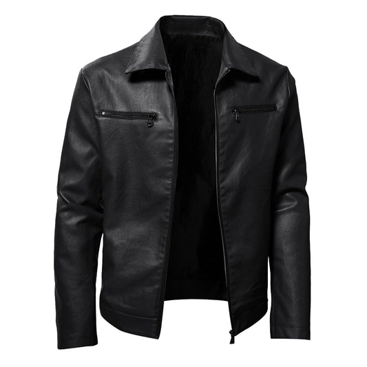 Male Autumn And Winter Solid Color Leather Jacket Warm Coat Jacket Stand Long S image 0