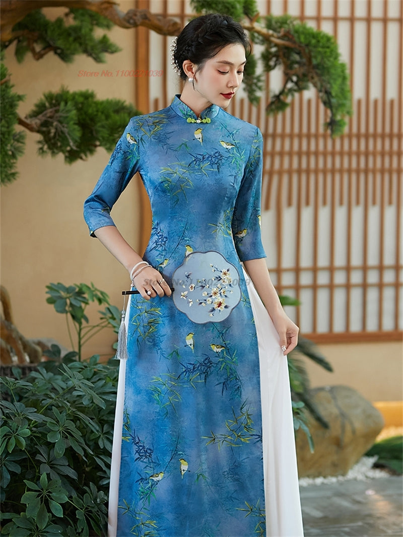 2024 vietnam traditional dress improved qipao national flower print vietnam ao  image 4