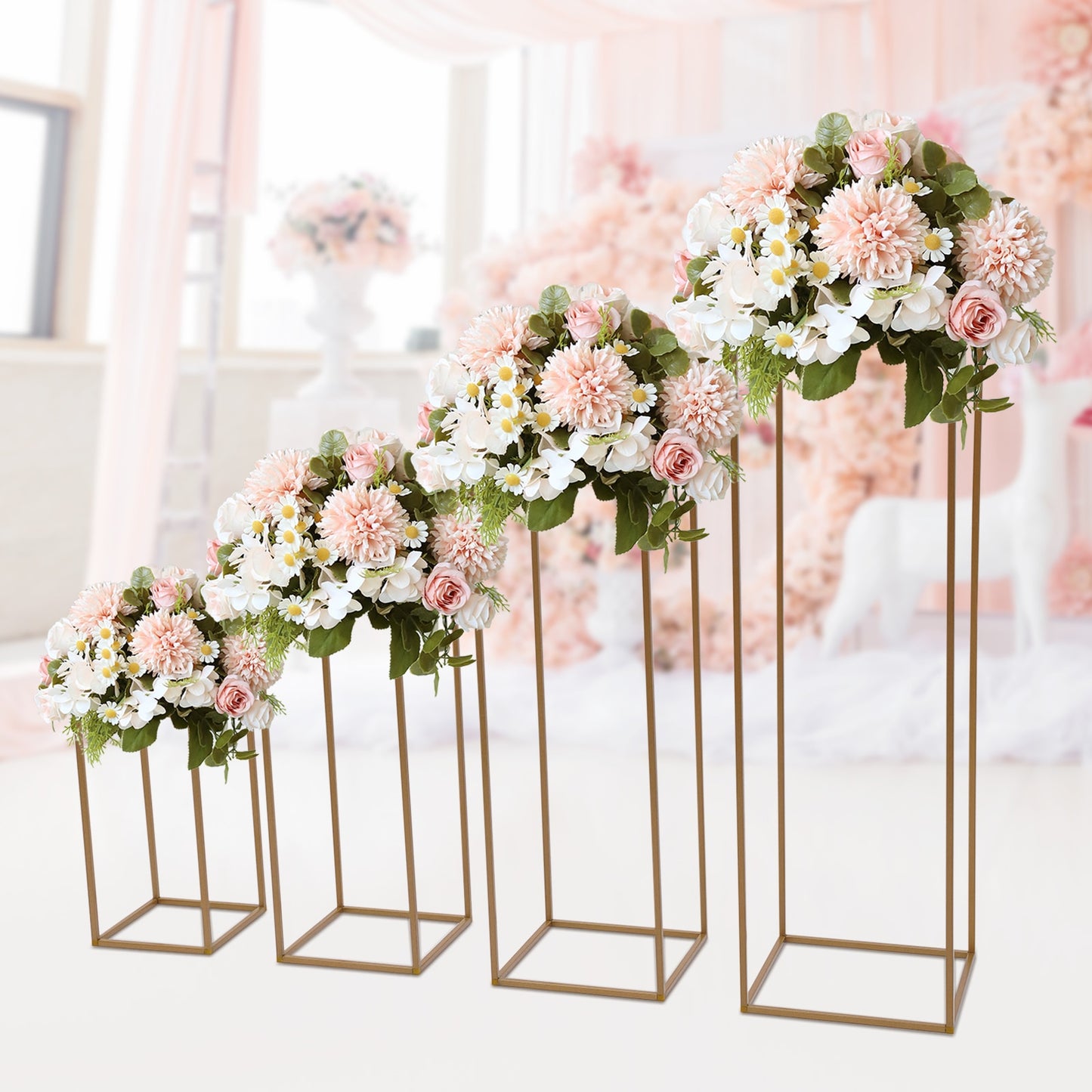 4PCS Flower Stand Gold Rectangular Metal Flower Rack Vase Stand Column Wedding image 2