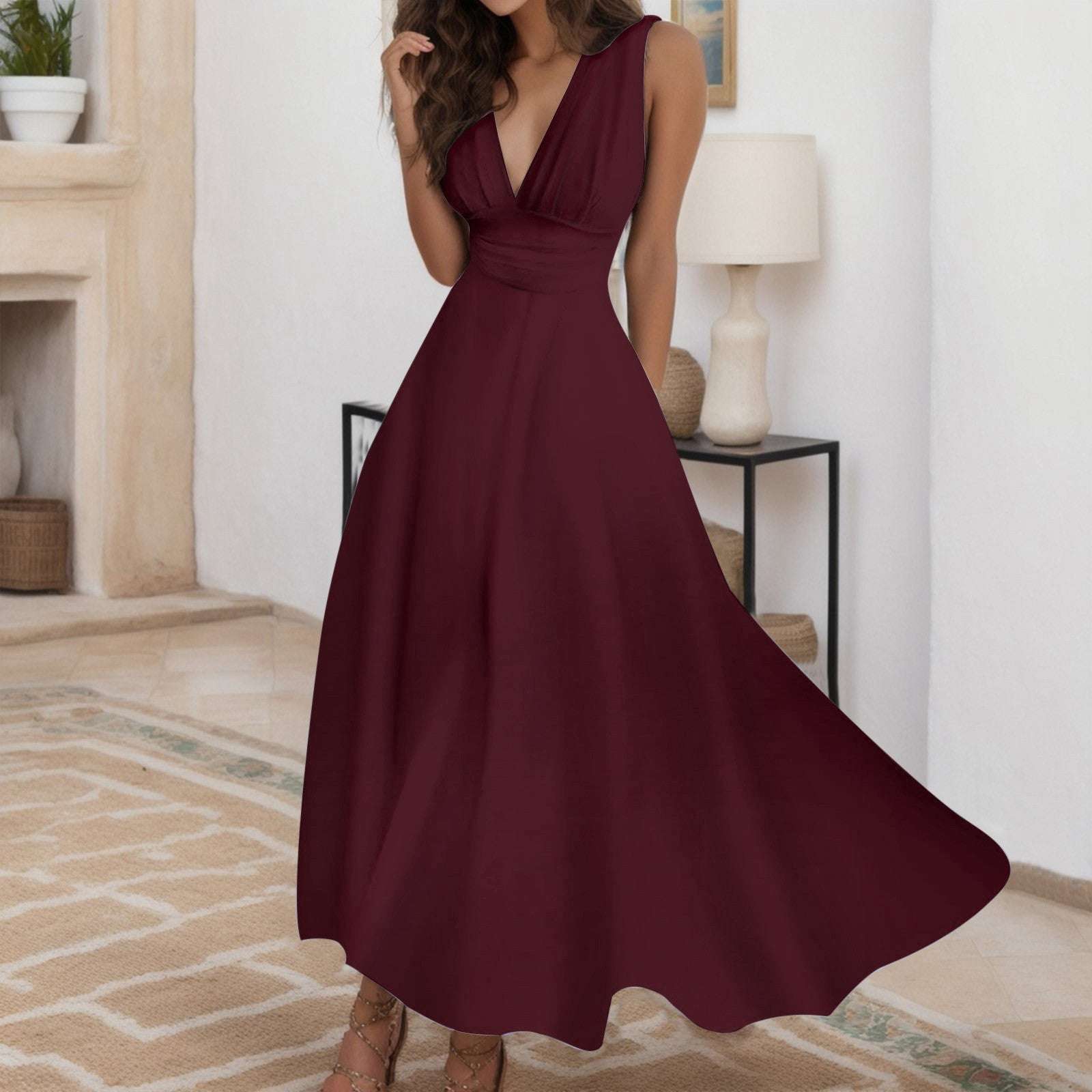Women Elegant A Line Sleeveless White Midi Dress Casual Female Sping Summer V-n image 2
