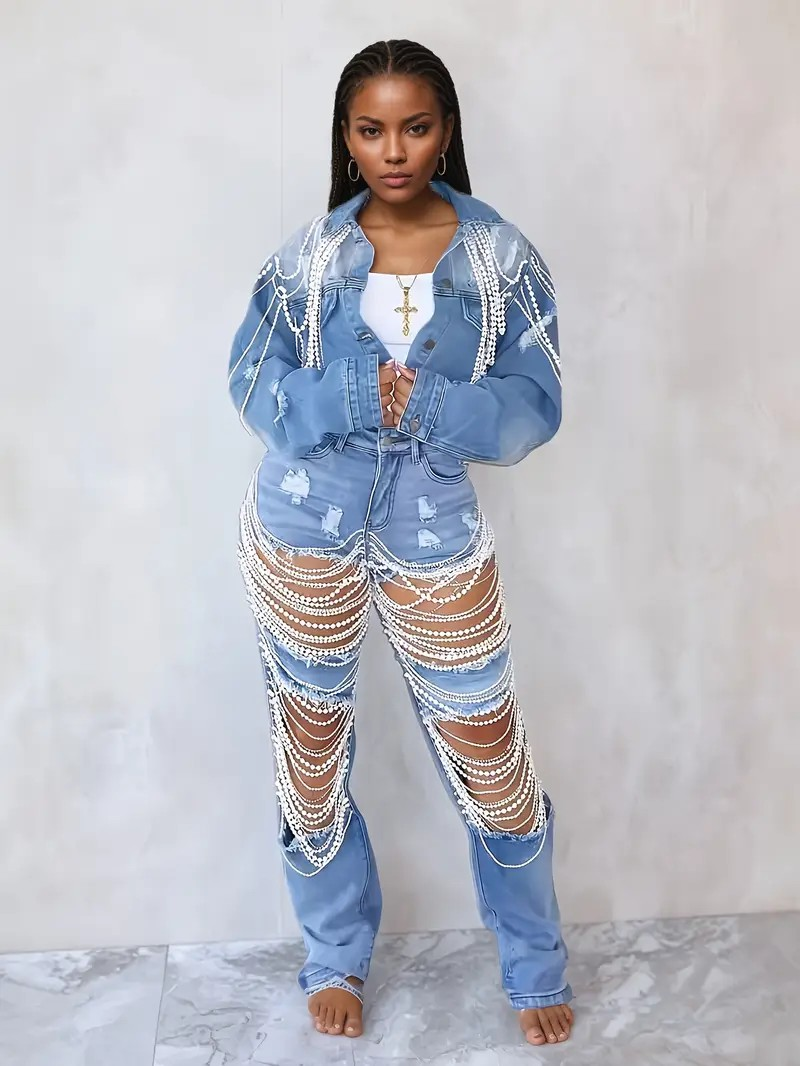 Women's Embroidered Denim Jacket with Pearl Chains, Handmade Beaded Casual Jack image 2