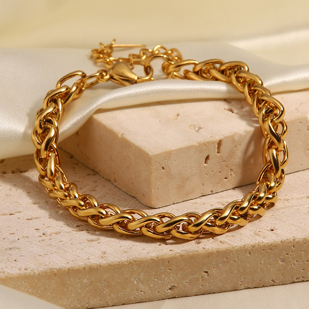 Simple 18K Gold Plated Stainless Steel Braided Chain Bracelet Set for Women Wat image 1